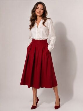 High-Waist Red A-Line Midi Skirt